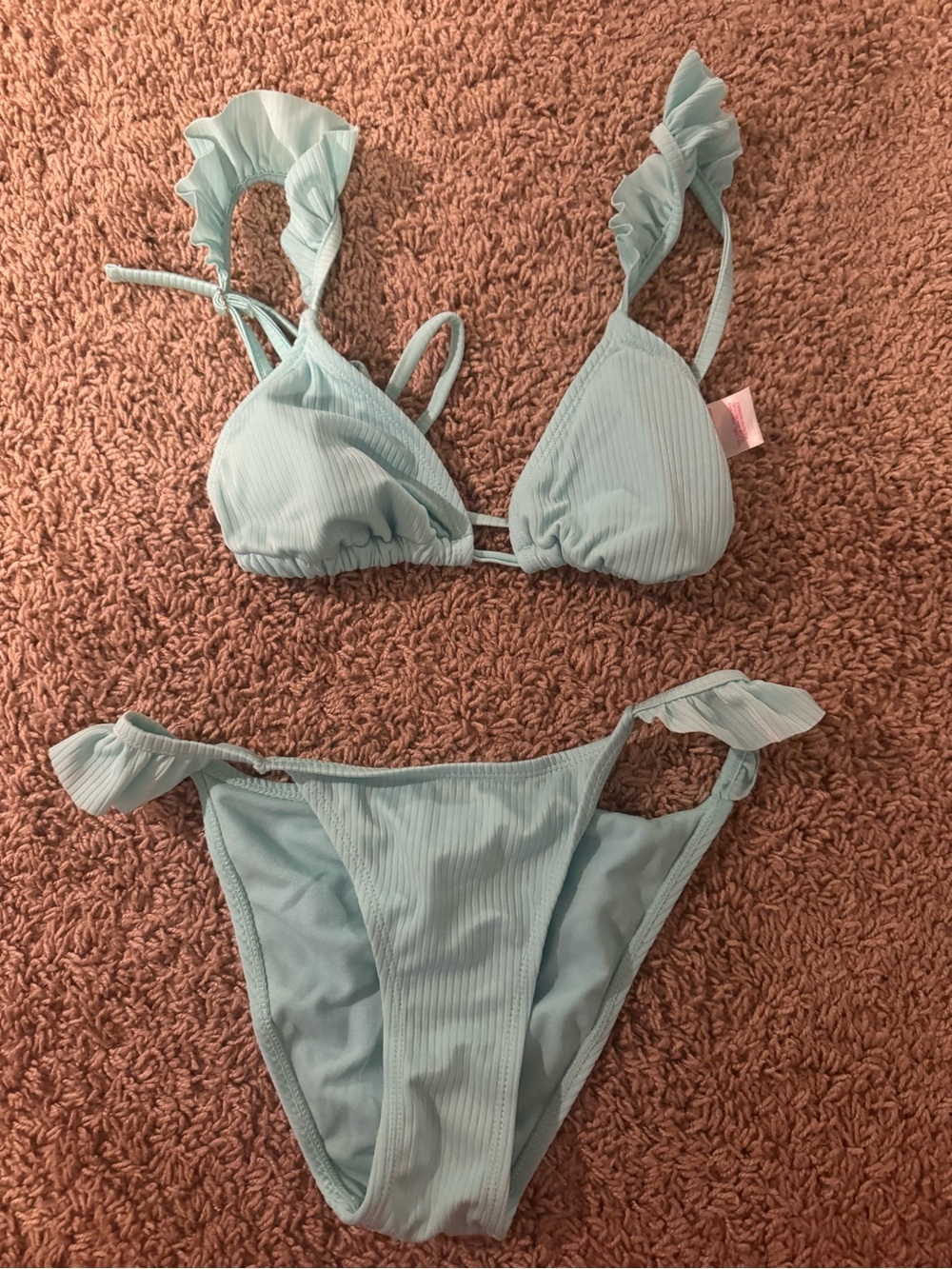 Ruffled Strap Light Blue Ribbed Triangle Bikini Set - Picture 2 of 2